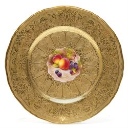 Royal Worcester Cabinet Plate, painted by Leighton Maybury, the central panel painted with fruit, within an elaborate tooled gilt border, marked to base, D28cm 