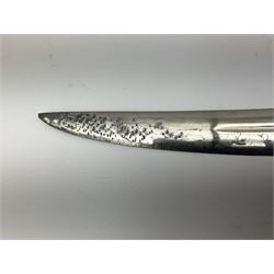 19th Century Indian Tulwar sword with 77cm single edged, slightly curved fullered blade;  steel crossguard, langets, grip and spiked disc pommel with stiff leaf decoration L90cm overall