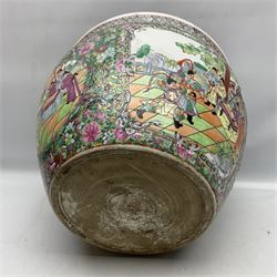 Large 20th century Chinese jardinière/fish bowl in the Famille Rose palette, decorated with four figural panels against floral and foliate scroll ground with gilt detail, the interior painted with carp amongst seaweed, D37cm