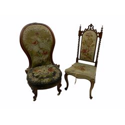 Victorian walnut framed nursing chair, tapestry seat and back; and a Victorian barley twist chair