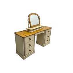 Pine and painted finish twin pedestal dressing table, fitted with central frieze drawer and six short drawers with spiral turned uprights, latte finish (152cm x 45cm x 77cm); with matching swing mirror raised on spiral turned uprights over trinket compartment with hinged lid (78cm x 22cm x 56cm)