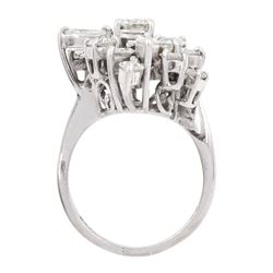 18ct white gold round brilliant cut and marquise cut diamond, stepped design cluster ring, London 1975, total diamond weight approx 3.10 carat