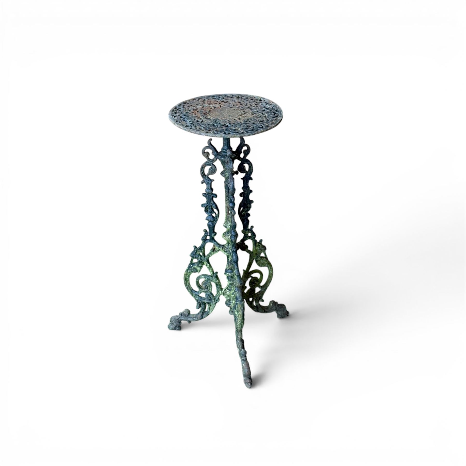19th century ornate cast iron high garden drinks table, small circular pierced top, raised on three legged base