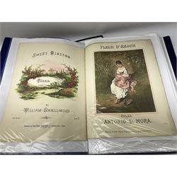 Two albums of Victorian and later sheet music, many with attractive illustrated coloured covers, to include Dancing Pansies, Au Revoir my little Hyacinth, Arcady Waltz, A Merry Chase etc, some facsimile