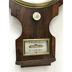 Early 19th century rosewood four dial banjo barometer, dry/damp dial, mercury thermometer, silvered circular register engraved with urn and scroll decoration, balance signed 'Vassalli Scarborough', fitted with mother of pearl adjusting handle