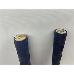 Two signed Yorkshire County cricket bats, from 2013 and 2014 seasons, bearing signatures including Johnny Bairstow, Joe Root, Tim Bresnan, Andrew Gale, etc