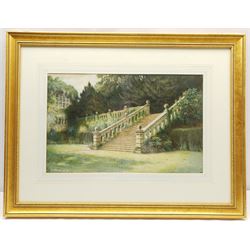 T Green (British late 19th century): Terrace Steps Haddon Hall, watercolour signed and dated 1879, 28cm x 45cm