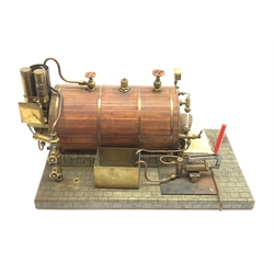Scale built live steam model of a steam engine, planked clad and coopered copper boiler with brass pipework, manometer and water level gauge, on simulated brick wooden base L49cm H22cm