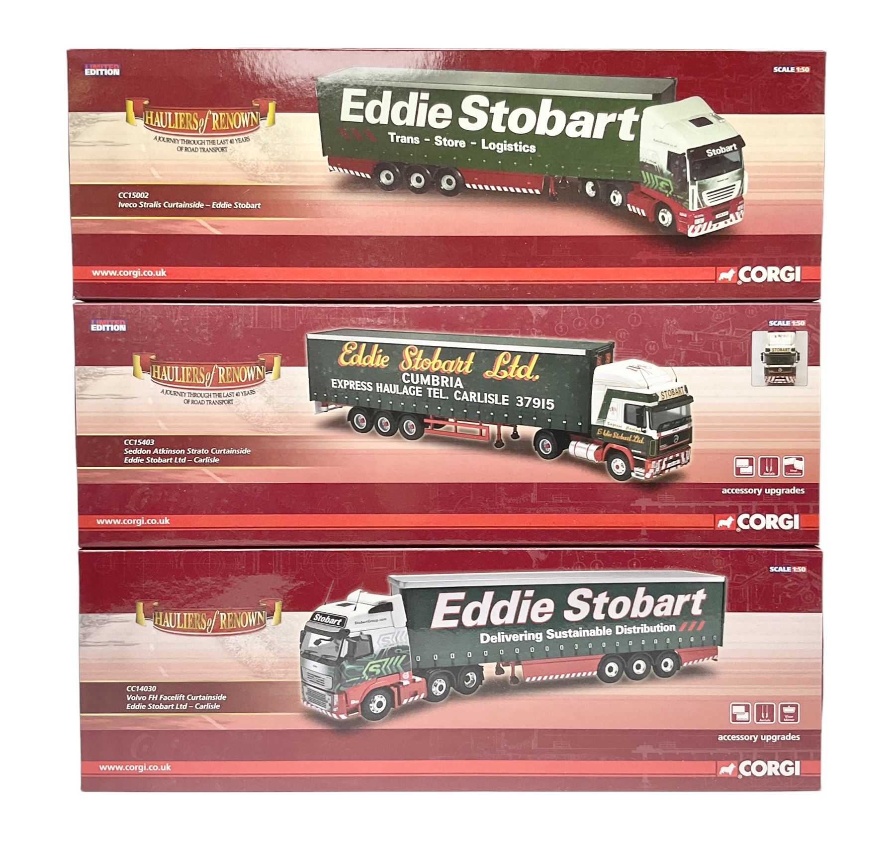 Corgi Eddie Stobart - three Hauliers of Renown lorries; CC14030 Volvo FH Facelift Curtainside; CC15002 Iveco Stralis Curtainside; and Seddon Atkinson Strato Curtainside; all boxed (3)