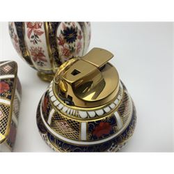 Royal Crown Derby Old Imari pattern vase, together with matching lighter and trinket box, all with printed marks beneath, vase H18cm