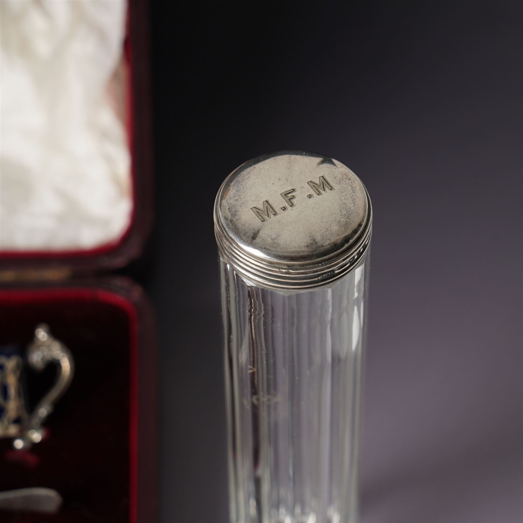 Set of four Edwardian pierced silver salts and matching mustard pot, all with blue glass liners Birmingham 1901 Maker William Devenport, cased, together with a pair of similar pepperettes 1900 Maker Walker & Hall, Georg Jensen sterling silver cauldron shape salt on ball feet, plated coaster, plated salt and silver topped jar