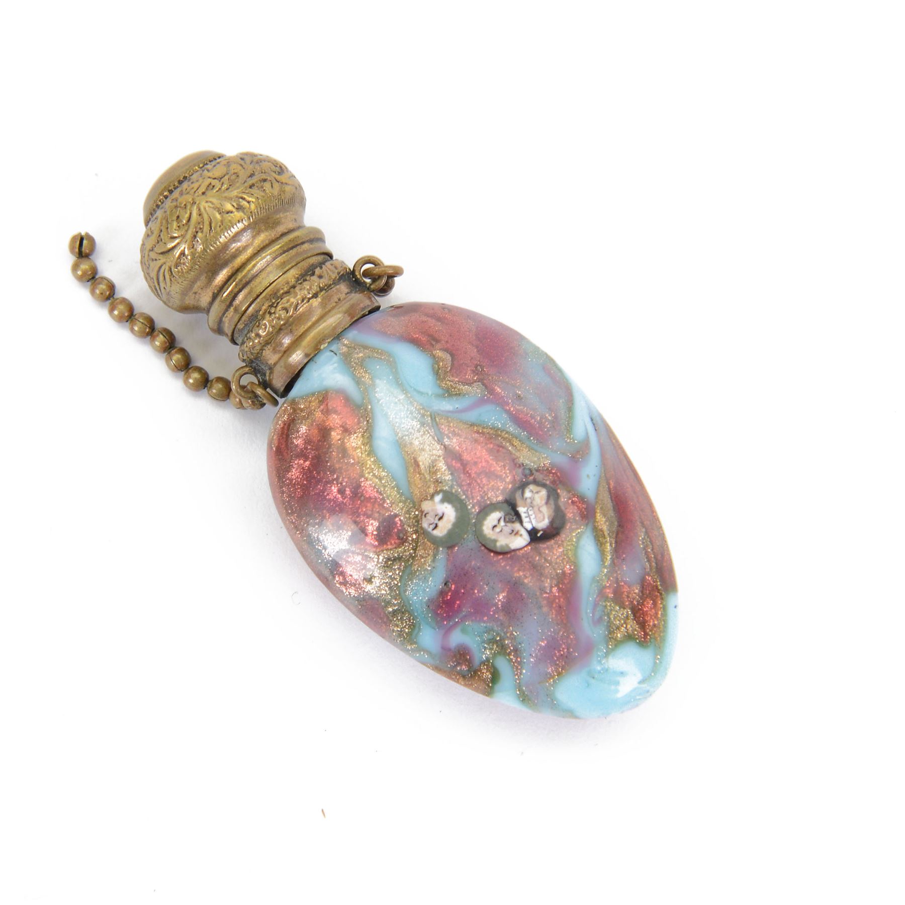 19th century Venetian glass scent bottle in the manner of Franchini-Bigaglia, of compressed ovoid form, set with seven portrait murrine canes over a mottled pale blue and pink ground with aventurine inclusions, with hinged gilt metal clasp, H7.5cm