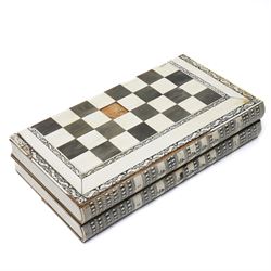 Mid-19th-century Anglo Indian Vizagapatam ivory, sandlewood, and horn veneered backgammon/chess board, circa 1860, rectangular games box the borders engraved with a stylized scrolling leaf decoration and spine engraved History of Persia the interior inlaid for backgammon, with three internal sandalwood boxes with covers, containing 16 ivory pieces and 16 horn pieces, comprising, kings and queens with pierced crowns on baluster carved shafts; bishops with carved mitres; knights represented by horses’ heads; and rooks as towers with imbricated decoration.

This item has been registered for sale under section 10 of the APHA Ivory Act, submission reference G68PNYA5 

