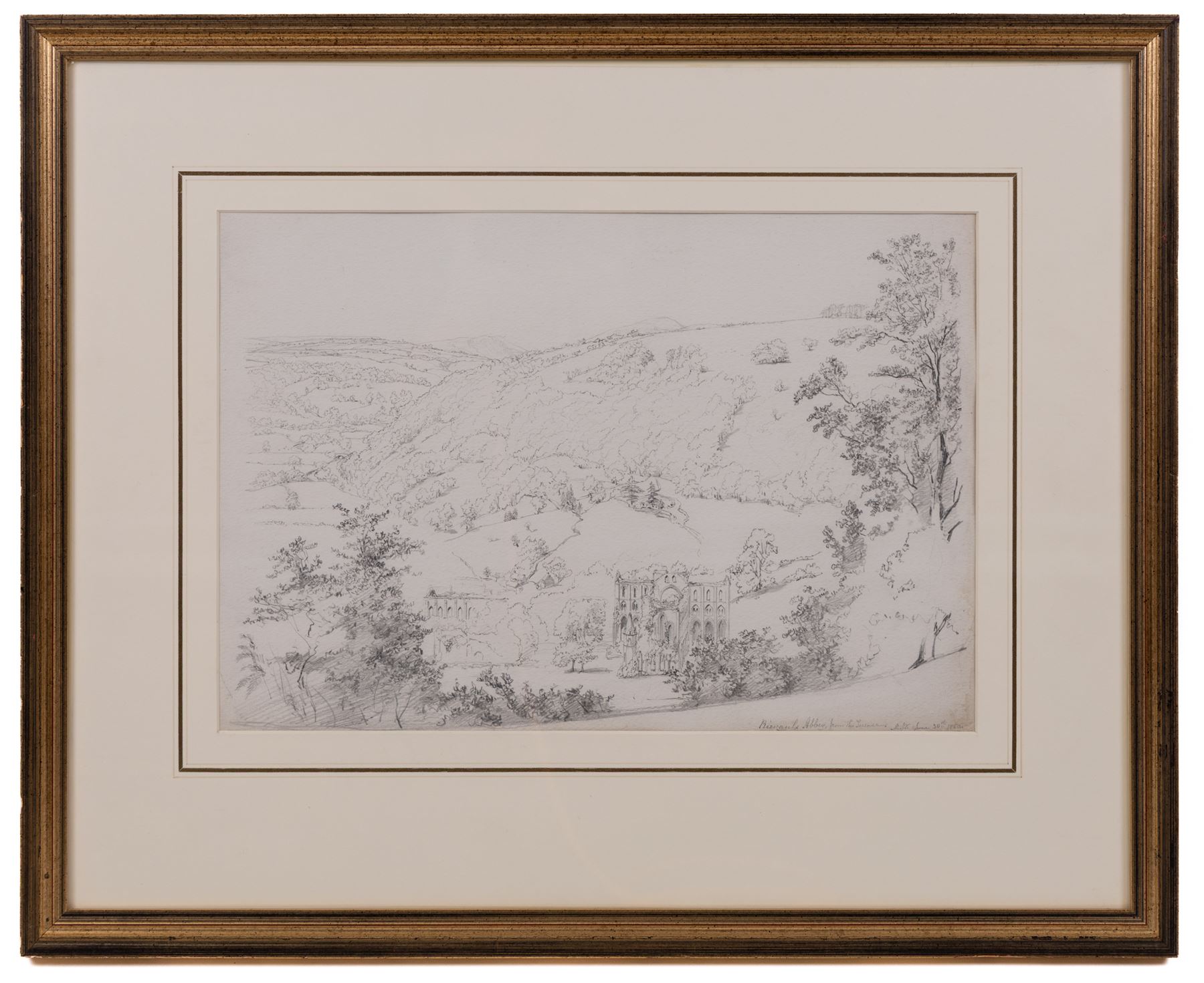 Mary Weatherill (British 1834-1913): 'Rievaulx Abbey from the Terraces', pencil sketch signed with initials, titled and dated 1850, 25cm x 36cm 