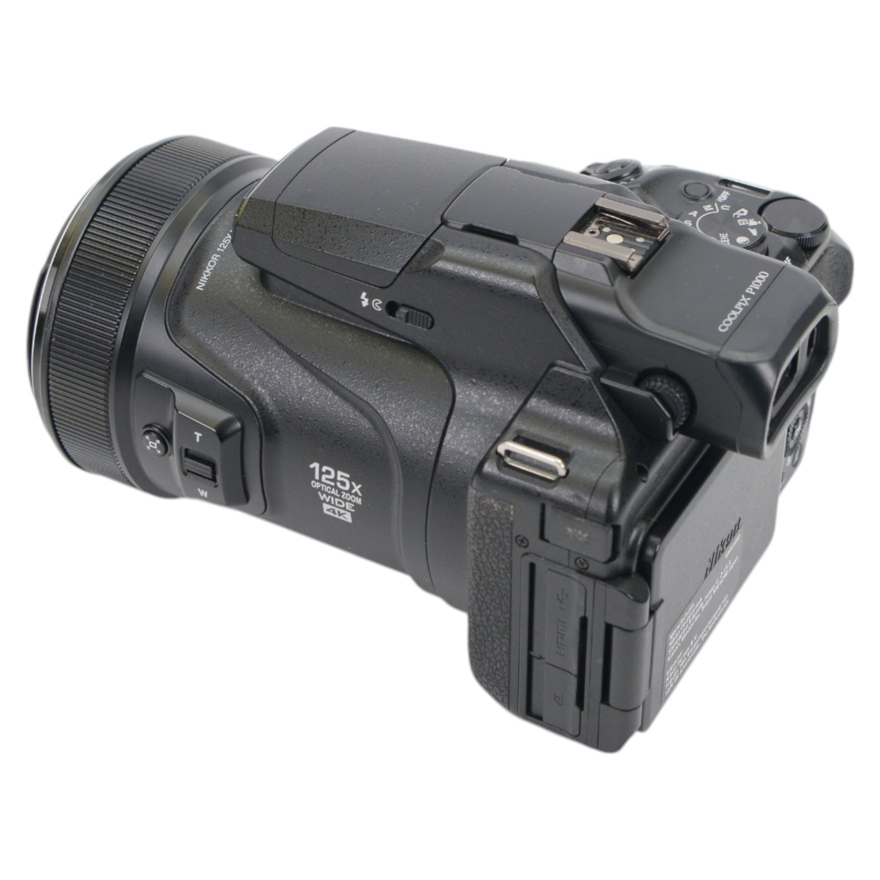 Nikon Coolpix P1000 digital camera serial no. 6R201093, with a Nikkor 125X wide optical zoom ED VR 4.3-539mm 1:2.8-8 lens, boxed with tulip hood, travel charger, battery and HDMI cable