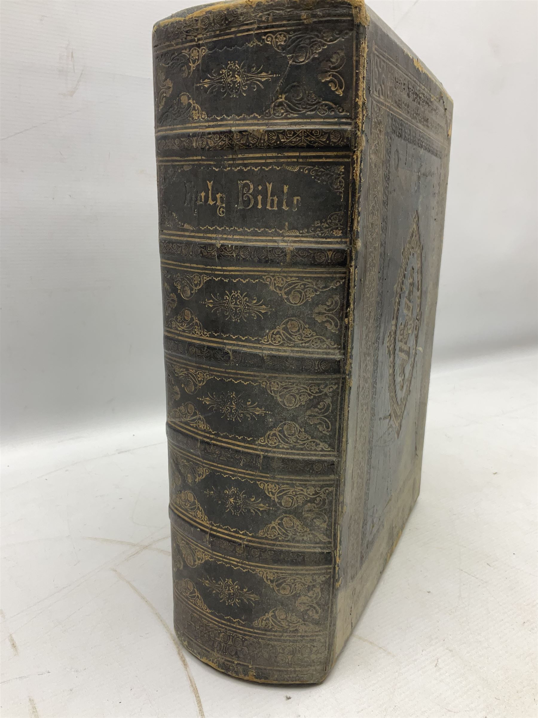 Victorian The Family Devotional Bible, by Rev Matthew Henry, pub. London and New York, The London Printing & Publishing Co, circa 1860, with steel engraving plates and gilt edges, L35cm