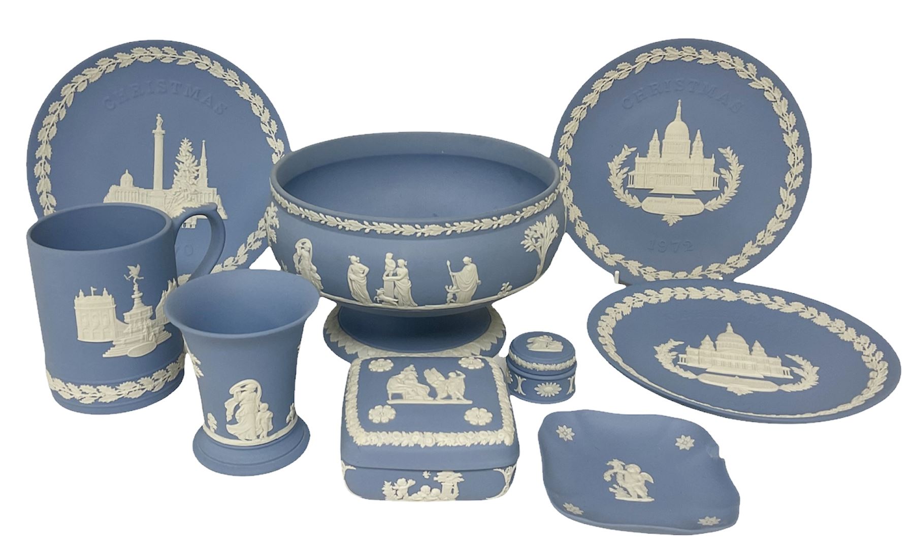 Wedgwood Jasperware footed bowl, together with other Wedgwood jasperware, to include Piccadilly Circus 1971 Christmas book, covered trinket boxes, Christmas plates etc (9)