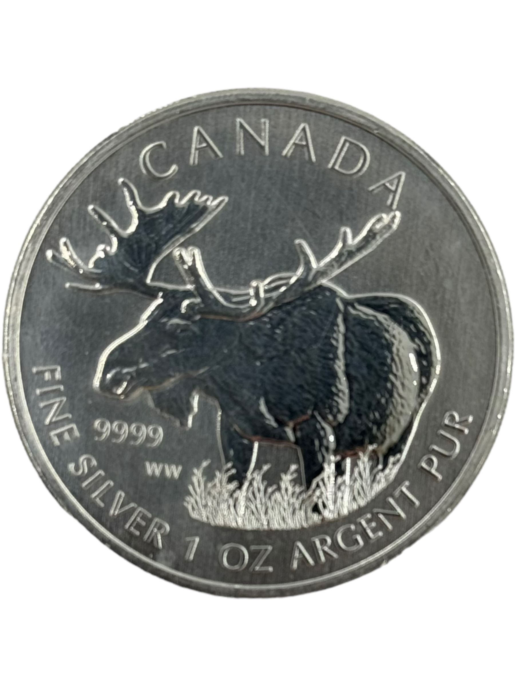 Ten Queen Elizabeth II Canada one ounce fine silver five dollar coins, including 2012 'Majestic Moose' 2016 'Superman', 2018 'Maple Leaf', 2019 'Maple Leaf', etc