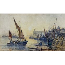 Robert Ernest Roe (British 1852-c1921): Boats in a Harbour, watercolour signed and dated '86, 9.5cm x 17cm