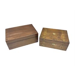 Victorian walnut and parquetry banded work box with brass shield and escutcheon, L30cm, together with mahogany writing slope with green baize writing surface, L35cm