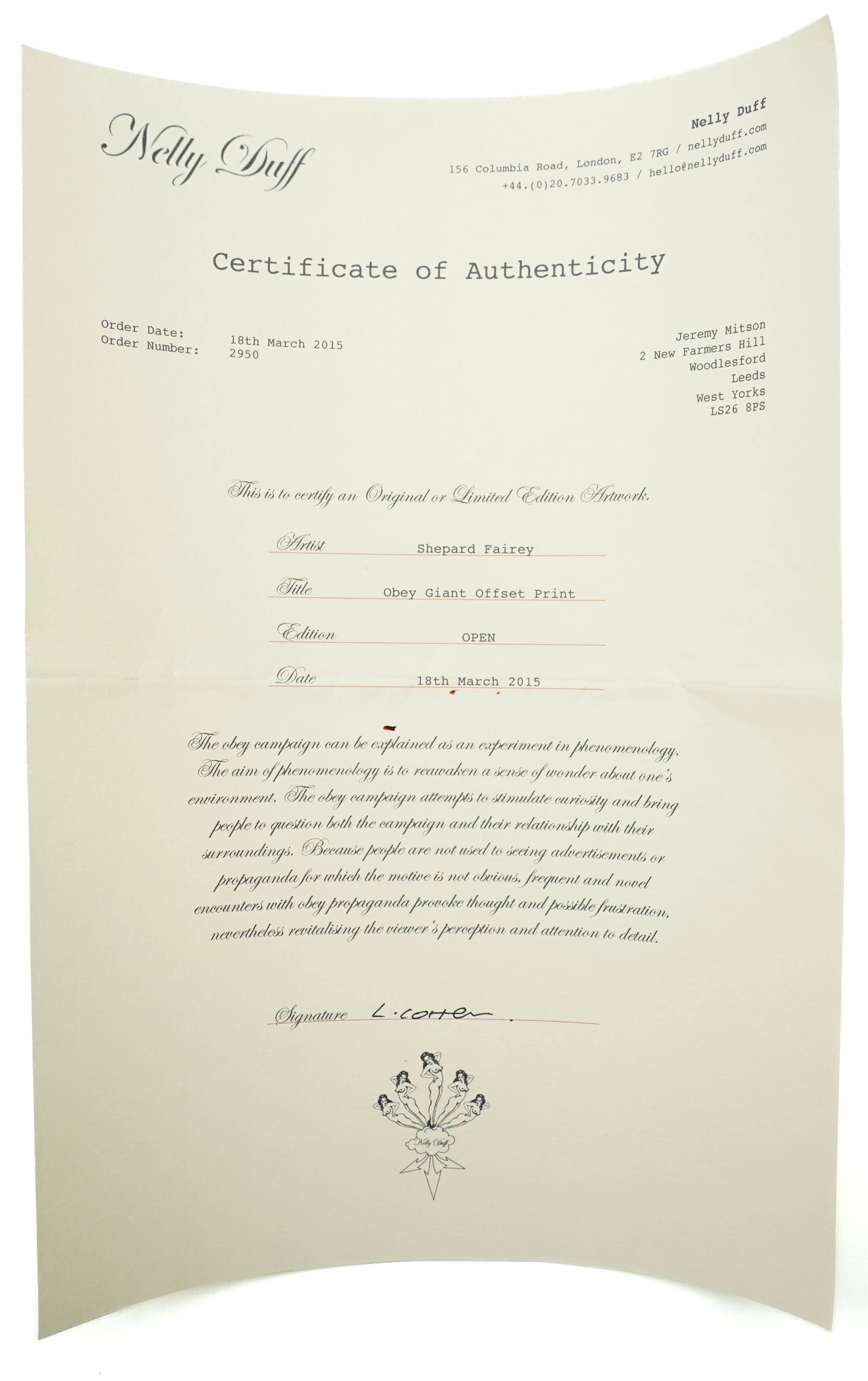 Shepard Fairey (American 1970-): 'Obey Andre The Giant', lithograph in colours signed and dated '13 in pencil, with certificate of authenticity 91cm x 61cm (unframed)