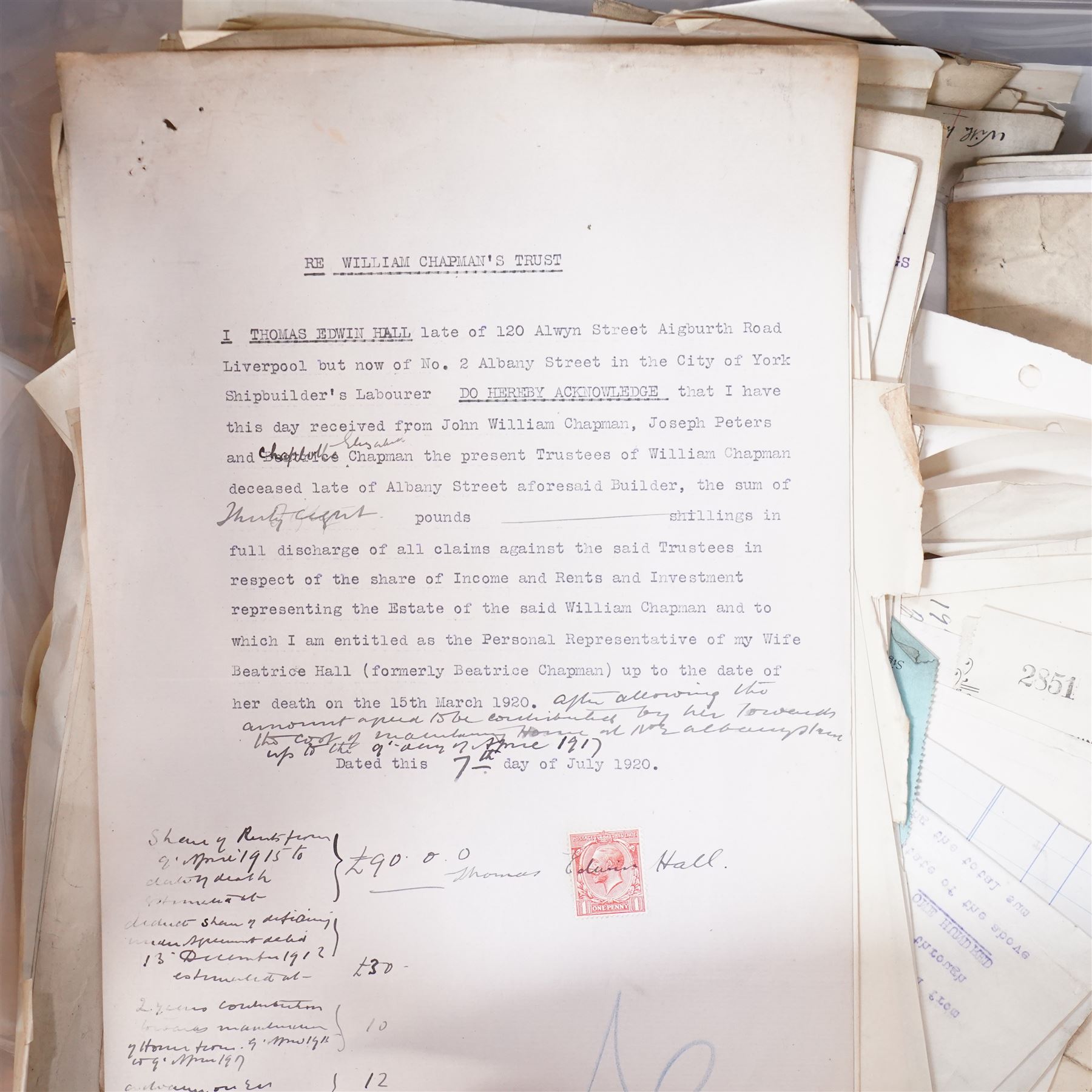 York and Yorkshire postal history and ephemera - large quantity of 19th and 20th century letters, postcards, stamped covers, empty envelopes, receipts, invoices, certificates, solicitor’s papers, estate papers and related ephemera, including York and Yorkshire addresses, Manor of Osbaldwick tithe rent-charge receipt, Joseph Peters & Sons solicitor material, marriage certificates, family correspondence, business invoices, Canadian/Montreal cover and various Victorian and later postal markings and stamps, in four large crates