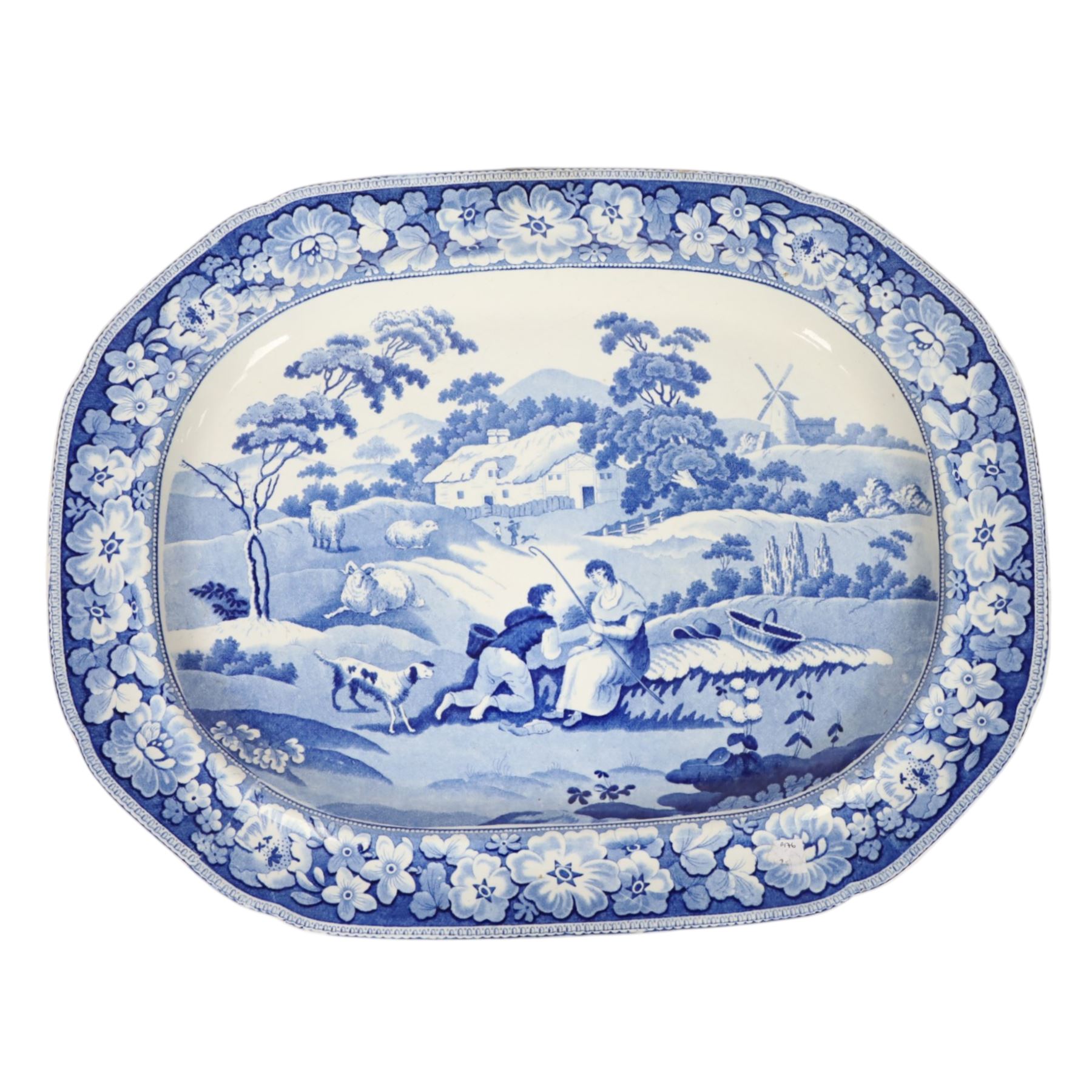 Early 19th century Andrew Stevenson blue and white transfer printed pottery meat plate, decorated in the Pastoral Courtship pattern, circa 1820-1830, with impressed marks beneath, L54cm