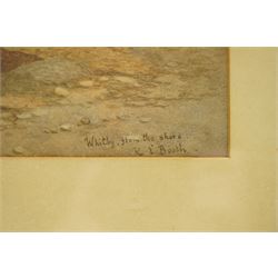 Kate E Booth (British fl.1850-1898): Figures on Whitby Beach Looking to Whitby Abbey and Lighthouse, watercolour signed and inscribed 34cm x 52cm