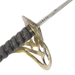British 1874 pattern, named, 2nd Life Guards State sword by Henry Wilkinson, Pall Mall London, circa 1912, the 94cm straight single edged blade with George V monogram and cypher, together with battle honours and owners initials H.L.H, marked 43714 to the top, the steel nickel plated basket hilt with applied George V crown and 2nd life Guards monogram in gilt brass, shagreen bound grip with triple silver wire, with steel nickle plated scabbard with triple brass mounts with twin suspension rings, overall L114cm