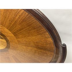 Late 19th/early 20th century mahogany and marquetry inlaid tray, of oval form with twin scrolled handles and moulded border, the central panel inlaid with figures seated at a table drinking tea, L99cm