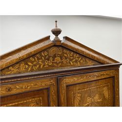 Georgian mahogany Dutch style marquetry press cupboard on chest, sloped finial pediment inlaid with trailing foliate, two panelled doors enclosing linen slides inlaid with floral urns, the chest fitted with two short and single long drawer and inlaid with shell and bird motifs, on bracket feet