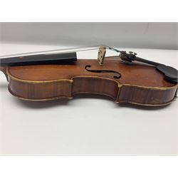 Early 20th century German Saxony three-quarter size violin with 34cm one-piece maple back and ribs and spruce top L55.5cm overall; in ebonised wooden 'coffin' case with bow