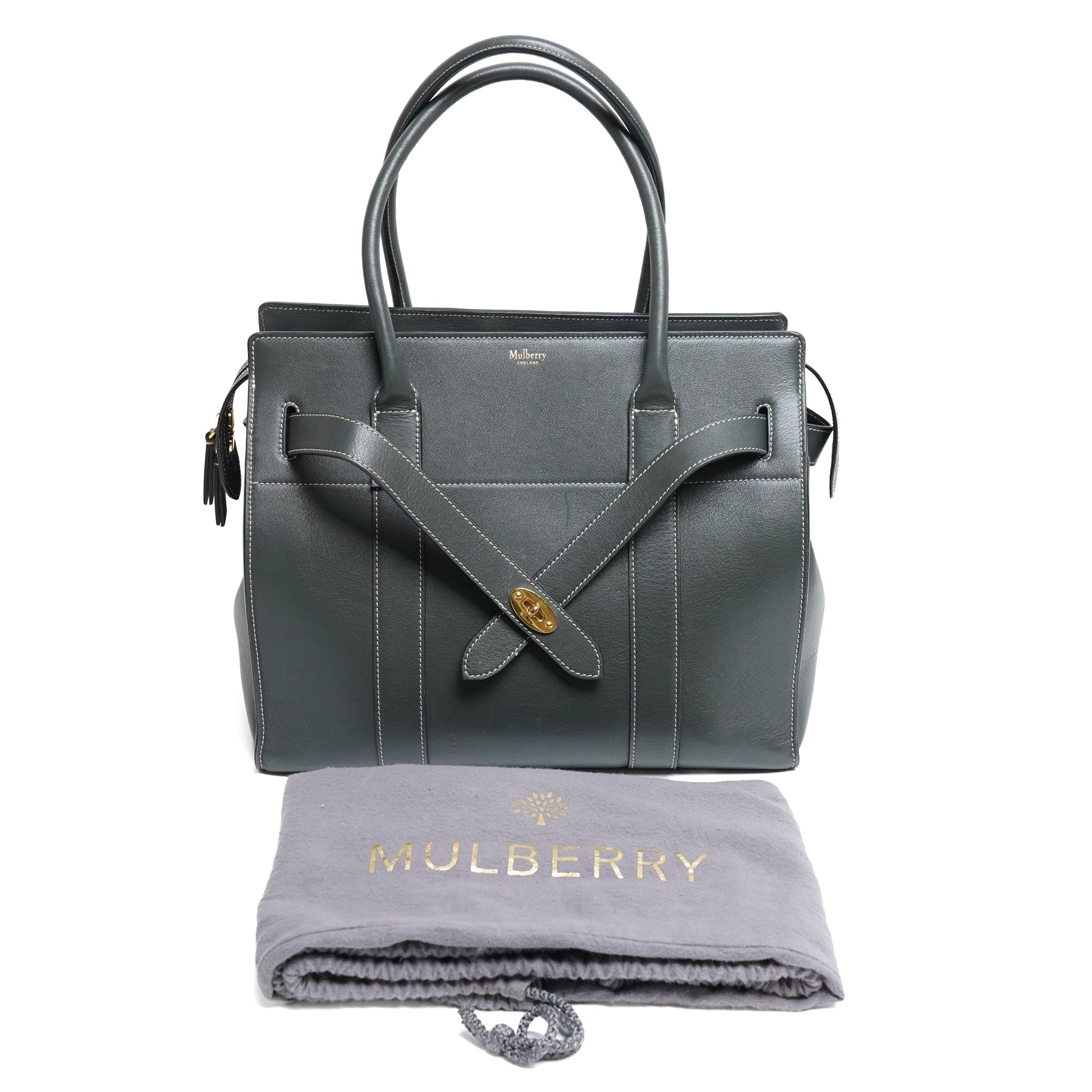 Mulberry - Zipped Bayswater handbag in grey calf leather, with contrasting white stitching, twin rolled leather top handles, crossover front straps with gold-tone Postman’s Lock fastening, zip top closure and gold-tone hardware, with original Mulberry dust bag