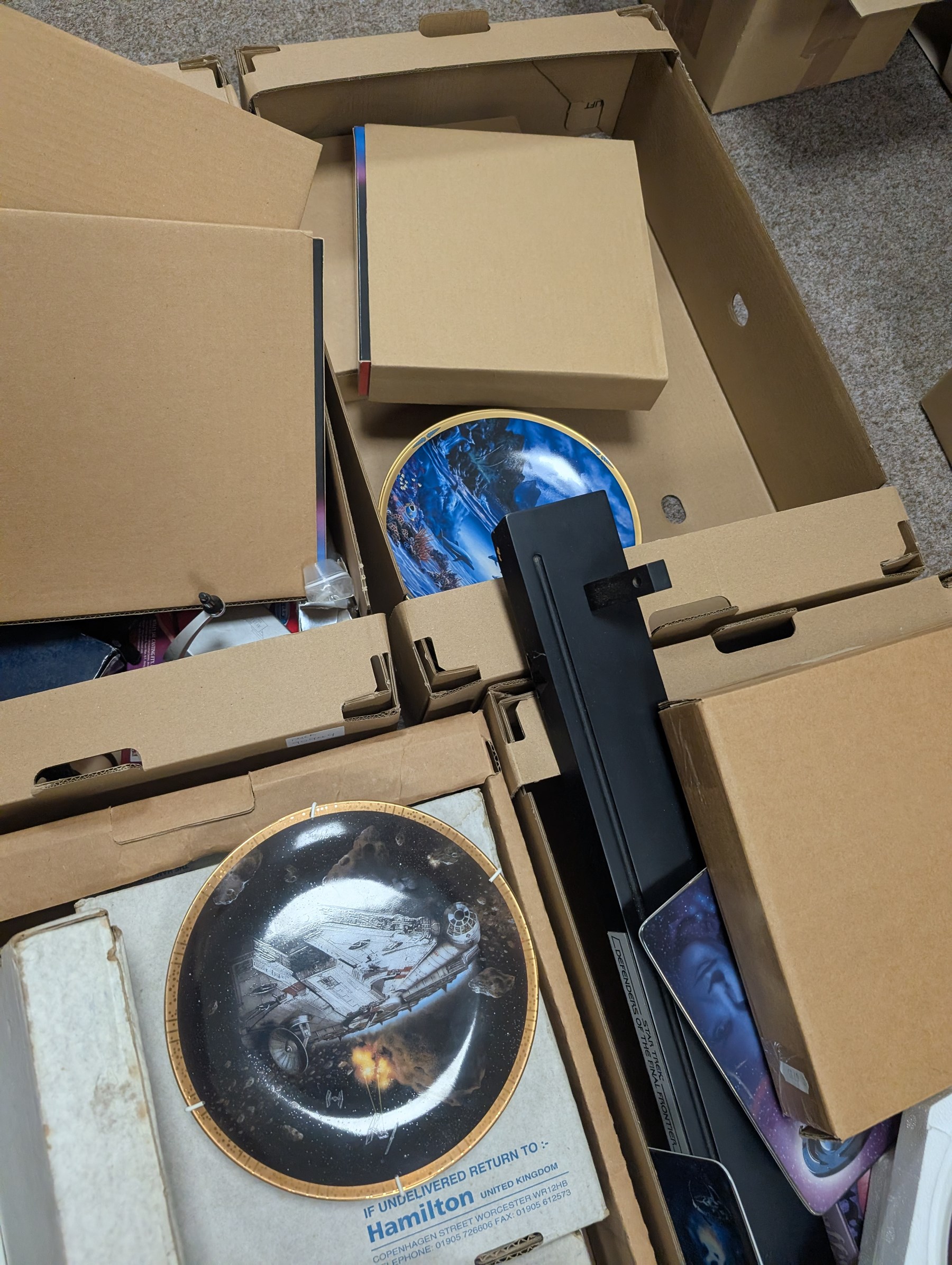 Large collection of Sci-Fi collectors plates, including Doctor Who, Star Trek and Buffy examples, together with Disney MGM trophy, diecast trains and other collectables, in six boxes