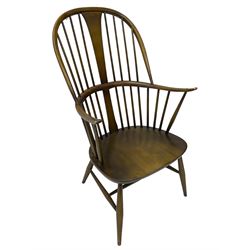 Ercol - 'Windsor' elm and beech high back chair, double hoop and stick back with shaped splat, on splayed turned supports with H stretchers
