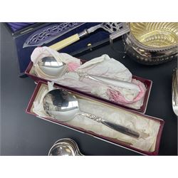 Mother of Pearl handled cutlery, with silver ferrules, comprising six fish knives and forks and six fruit knives and forks, the ferrules hallmarked Yates Brothers, Sheffield 1905, together with silver plated Edwardian three piece tea service and other flatware 
