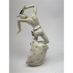 Three 20th century Karl Ens figurines, the first modelled as Uncle Fritz, the second modelled as Bock the Tailor, the third modelled as a sprightly female figure, each with printed blue mark to base, largest H20cm. 