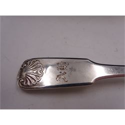 Set of six George IV York silver Fiddle Shell pattern teaspoons, each with engraved initials, hallmarked Edward Jackson, York 1821