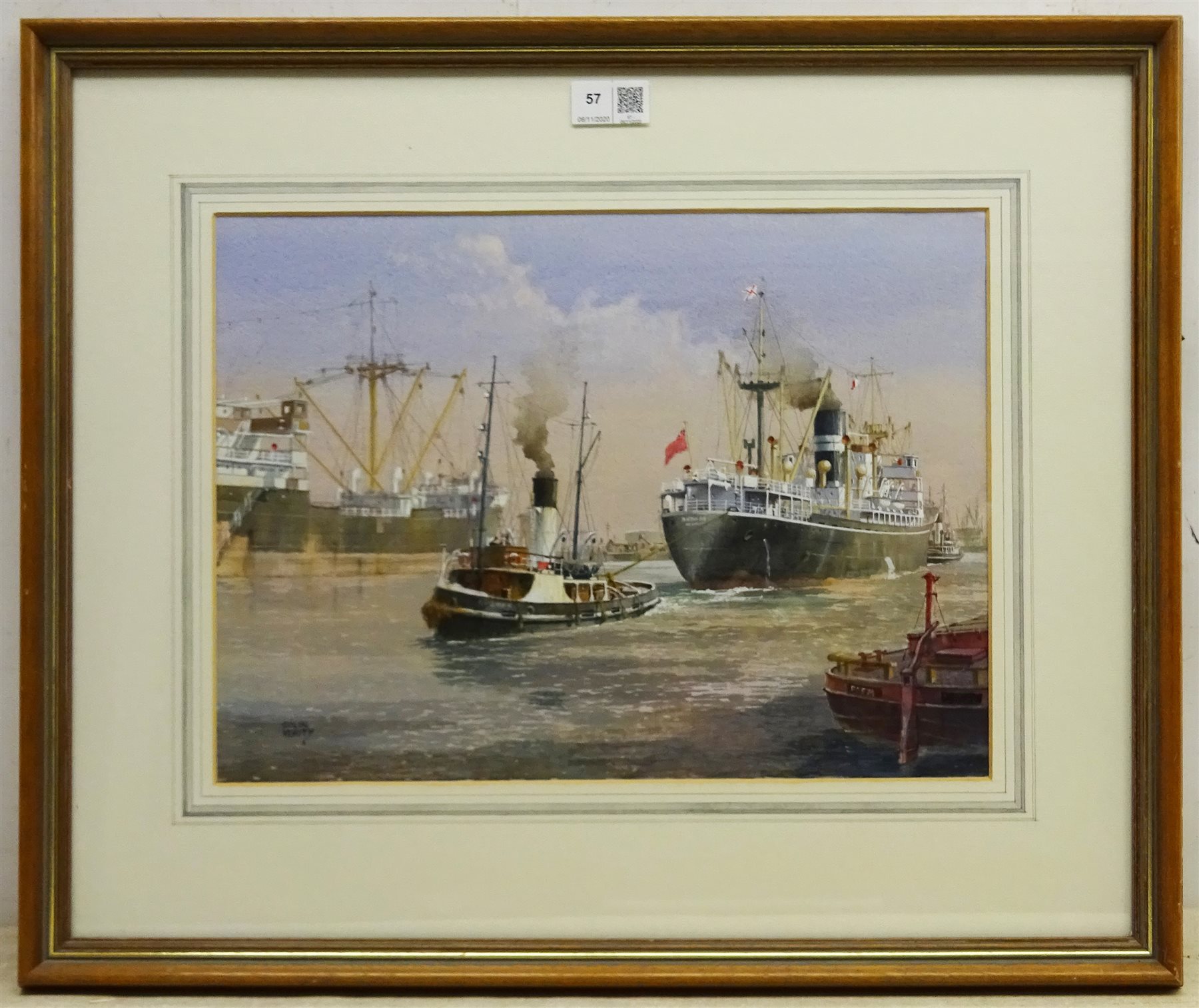 Colin Verity RSMA (British 1924-2011): 'Docking', watercolour heightened in white signed 28cm x 38cm
Provenance: exh. Ferens Art Gallery Hull, Winter Exhibition 1993

