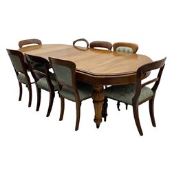 19th century mahogany extending dining table with two leaves and ten mixed spoon back chairs
