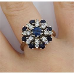 18ct white gold sapphire and diamond cluster ring, hallmarked
