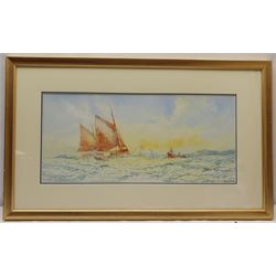Hector McKinley (British early 20th century): Hauling Nets near the Coast, watercolour signed and dated 1921, 25cm x 54cm