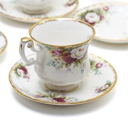 Royal Albert Celebration pattern tea and dinner wares, comprising covered tea and coffee pot, seven dinner plates, oval serving dish, gravy boat and saucer, nine coffee cups and ten coffee cup saucers, seven teacups and eight teacup saucers, eight soup bowls and saucers, rectangular serving tray, ten side plates, etc, approximately 88 pieces in total