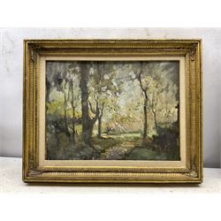 Manner of Thomas Miles Richardson Snr. (British 1784-1848): Lakeside Ruin, watercolour unsigned; English School (Early 20th century): Wooded Landscape and Village Cottages, two oils on canvas, one indistinctly signed max 30cm x 48cm (3)