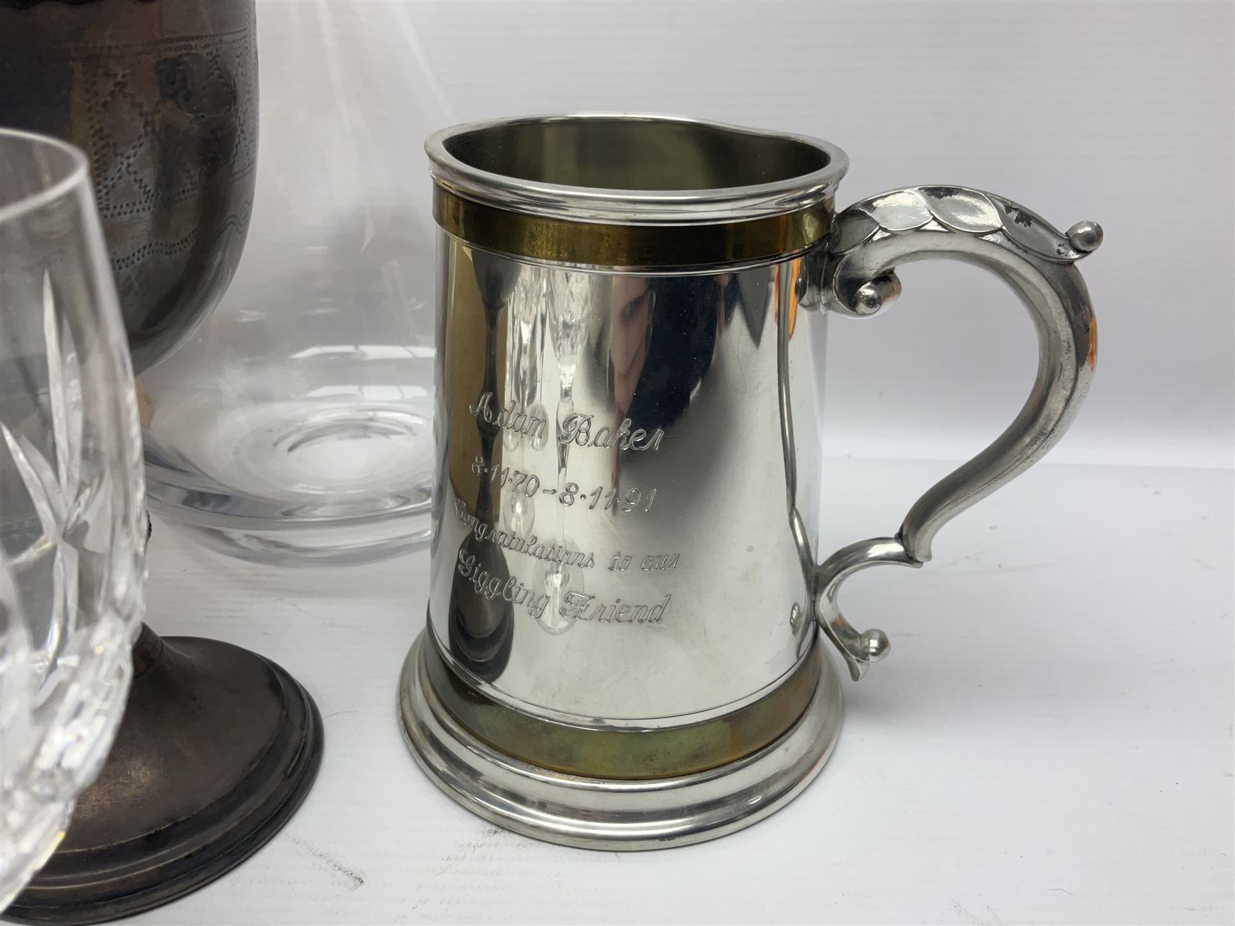 German Bleikristall decanter, set of six Stuart Crystal glasses, a Dartington Crystal decanter, christmas lights and a collection of pewter tankards, etc 