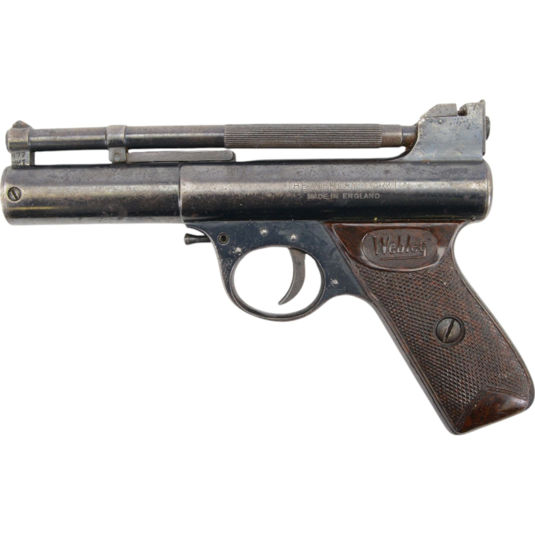 Webley Mark I .22 air pistol, batch 084, the air chamber marked 'The Webley Mark I Made in England, Webley & Scott Ltd Birmingham 4, Webley Patents', with brown checkered grip, H14cm, L19cm