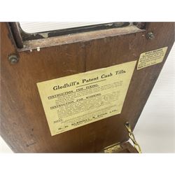 Wooden Gledhill till with paper labels to interior and a set of Salter scales with weights, till H17cm