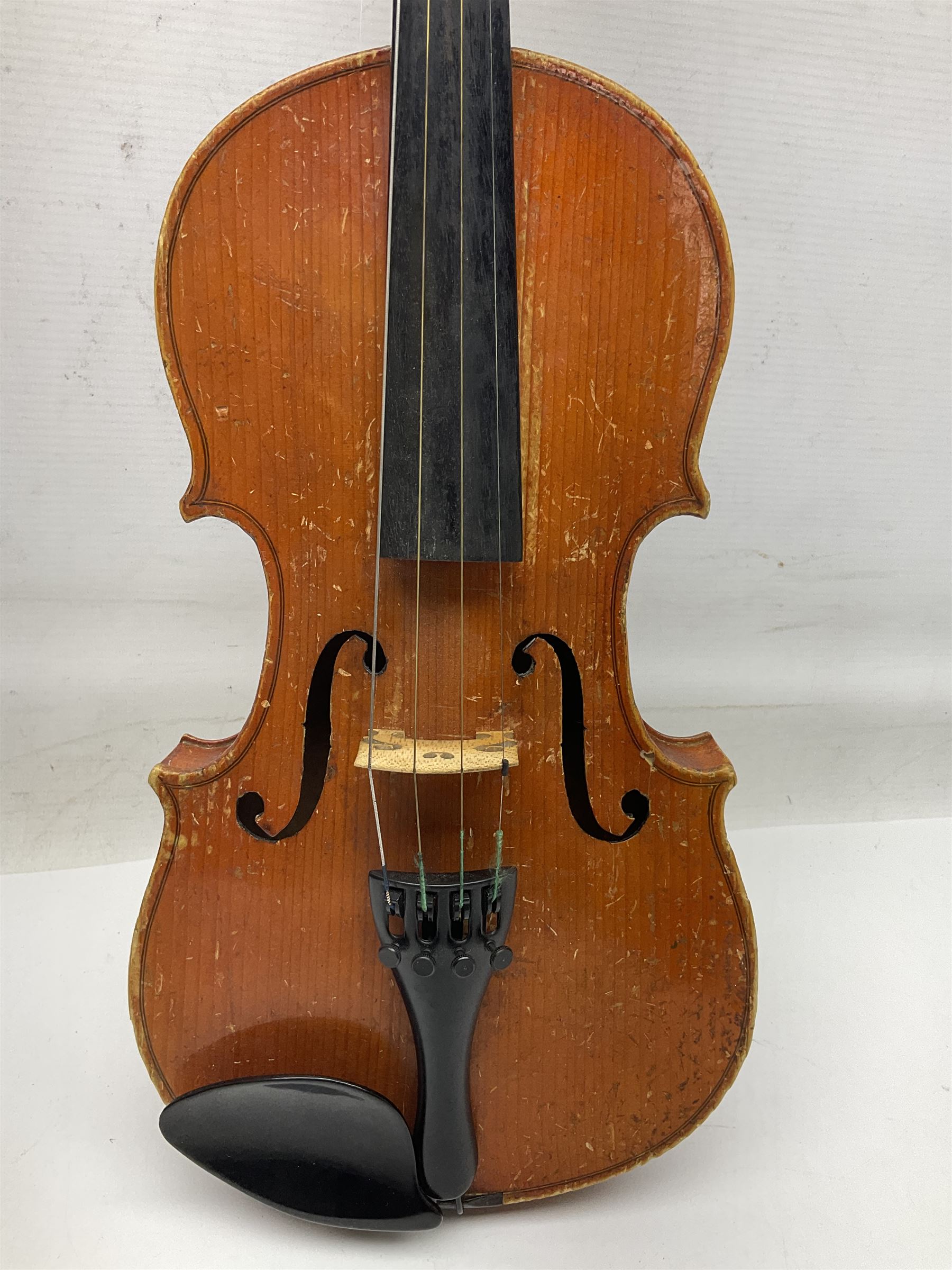 Two three-quarter size violins - German Saxony with 34cm one-piece maple back and ribs and spruce top; L56cm overall; and Hungarian with 34cm two-piece maple back and ribs and spruce top; L56cm overall; each in carrying case with bow (2)