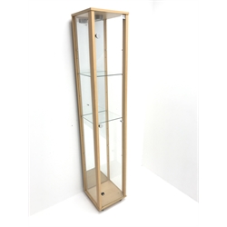 Illuminated tall floor standing beech finish display cabinet with adjustable glass shelves 32cm x 32cm, H172cm