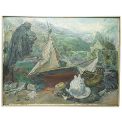 Ronald Morton (British 1918-): 'The Haven', oil on canvas laid on board, titled and inscribed verso 52cm x 68cm